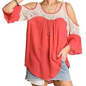 ⚡️ Cold Shoulder Coral & Lace Top